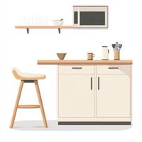 Kitchen with microwave, stove and stool vector