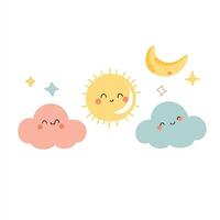 Cute cartoon sun, moon and clouds vector