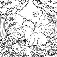 Cute Kitten Enjoys Sunny Day in Nature Coloring Page for Stress Relief and Relaxation vector
