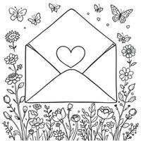 Envelope With Heart Illustration Coloring Page With Floral Decorations And Butterflies Around On White Background vector