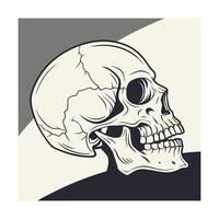 A detailed line art illustration of a human skull in profile view, showcasing its anatomical features. The style is vintage, black and white, with a graphic design aesthetic. vector