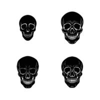 Four detailed black skull illustrations, style, showcasing variations in shading and detail. Simple, graphic, and impactful designs. vector
