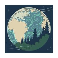 Stylized Earth illustration featuring continents, swirling wind patterns, and a silhouetted forest at the bottom. Night sky background evokes a sense of environmental awareness. vector