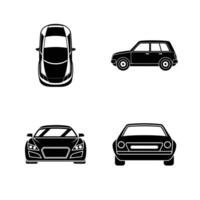 Four Black Car Icons Top View, Side, Front Views vector