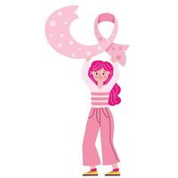 breast cancer illustration with woman and ribbon vector
