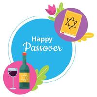 Happy Passover Jewish round frame with wine vector