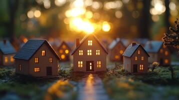 Small houses in the middle of a forest at sunset photo