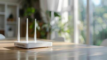 A white router sitting on a table in front of a window photo