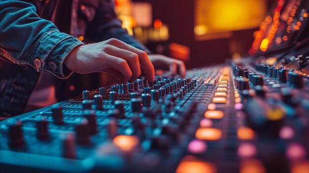 A person is playing a sound mixer on a mixing board photo
