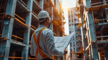 A man in a hard hat and safety glasses is standing in front of a building site photo