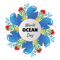 World ocean day round frame with whales vector