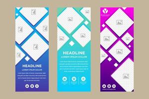 Abstract purple, blue gradient standee business brochure template design. Vertical colorful geometric texture background can be adapt to promotion materials. square shape for photo space. vector