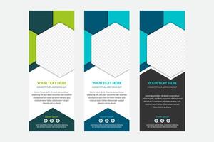 Blue and green hexagon roll up business banner design vertical template, cover presentation abstract geometric background, modern publication display and flag banner vector
