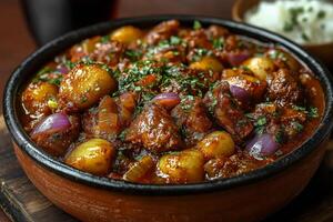 Nigerian nkwobi, spicy cow foot dish, served in a traditional clay pot, garnished with onions and fresh herbs, with a side of palm wine in a calabash photo