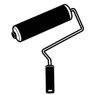 Black and white graphic illustration of a paint roller tool for home renovation and painting projects
