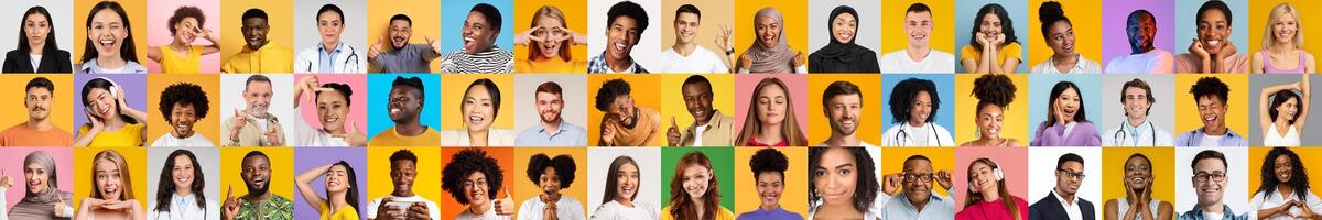 A vibrant collage features smiling individuals from various backgrounds, highlighting the beauty of diversity in expressions and lifestyles. This portrait collection celebrates diversity. photo