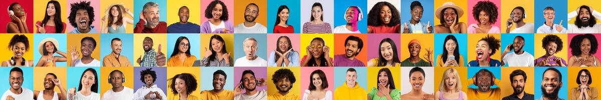 This vibrant collage features a joyful assembly of faces from diverse backgrounds, each portraying happiness and connection in a colorful setting. It's a celebration of diversity. photo