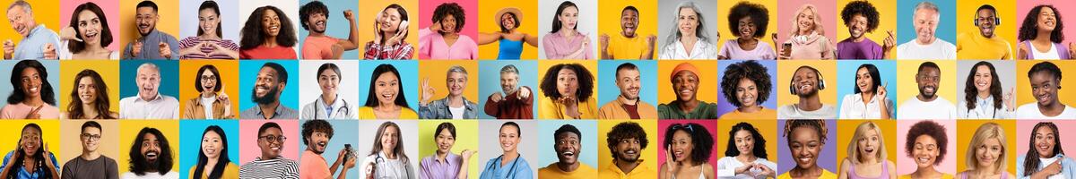 A lively collection of portraits showcasing people of various backgrounds, each person expressing joy and friendliness against colorful backgrounds. photo