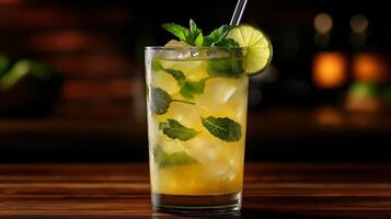 A colorful mojito made with fresh mint, citrus lime, and ice is ready to be enjoyed at a bar. photo