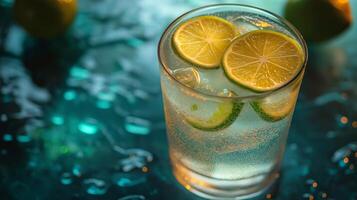 A glass filled with ice and sparkling water showcases fresh lime slices, setting a refreshing vibe. photo