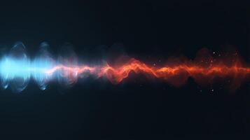 Dynamic sound waves are visually rendered in an abstract display, blending blue and red hues to signify energy and control, creating an engaging experience that highlights audio dynamics. photo
