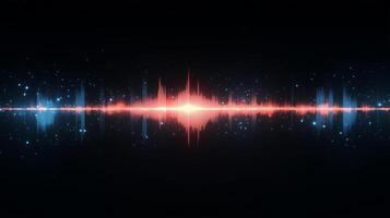Vivid sound waves are displayed in a striking graphic representation. The design features a blend of red and blue colors against a dark background, showcasing audio dynamics and control. photo