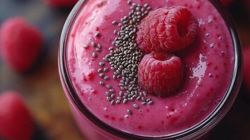 Fresh raspberry smoothie blended with chia seeds, served in a glass with raspberry garnish. photo