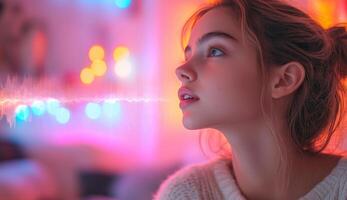 In a colorful room filled with glowing lights, a woman interacts with voice control technology, demonstrating commands and sound effects. A serene atmosphere enhances her focus on the task. photo