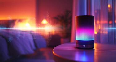 In a cozy bedroom setting at night, a smart assistant speaker rests on a bedside table. The speaker emits colorful light patterns, synchronizing with sounds in a relaxing environment. photo