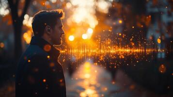 A man stands in profile while enjoying a serene sunset, sound waves visualized around him. The atmosphere is tranquil, highlighting the integration of voice control technology with nature. photo