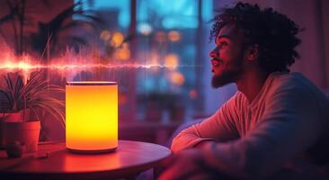 A young man interacts with a smart device that emits sound waves, creating a warm atmosphere in a well-lit room. Plants and soft colors enhance the relaxed setting during the evening. photo