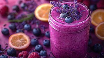 Vibrant smoothie with blueberries, raspberries, and lemon, garnished with lavender. photo