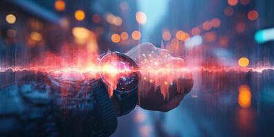 A man is using a smart watch in an urban setting during a rainy evening. Colorful sound wave graphics appear around his wrist, showcasing the integration of sound control with modern technology. photo