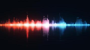 Digital representation of sound waves showcasing various frequencies and amplitudes in bright colors against a dark background. photo