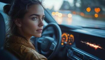 A driver interacts with a voice-controlled assistant in a modern car. The dashboard displays sound graphics, illustrating the vehicle's technology features. photo