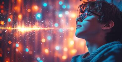 Under a backdrop of vibrant lights, a young man with glasses contemplates the interaction of sound and visuals. His expression reveals a deep connection to the technology around him. photo