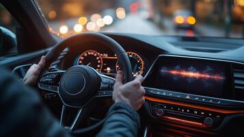 A person drives a car equipped with advanced voice control technology. The dashboard display shows sound graphics while the driver focuses on the road. photo