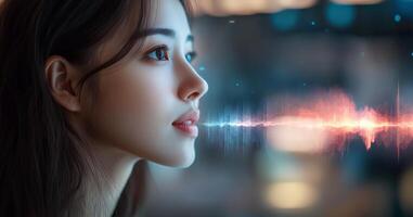 An individual engages with a virtual assistant through voice control. The visual emphasizes sound waves emanating from the person, representing the interaction's dynamic nature in a modern setting. photo