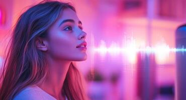 A woman interacts with advanced voice control technology in a modern setting. Colorful sound graphics illuminate the space as she engages, showcasing innovation and creativity in audio interaction. photo