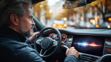 A driver engages with an advanced voice control system in a sleek car during sunset. The urban backdrop features blurred city lights, highlighting the vehicle's sophisticated technology and design. photo