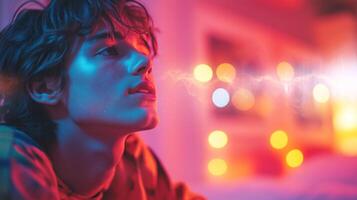A man and a woman engage in a creative session, using voice control and sound graphics. The cozy room is illuminated by colorful lights, enhancing their collaborative atmosphere. photo