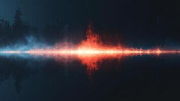 Sound waves depicted as vibrant colors ripple across a calm lake. The tranquil setting shows a balance between nature and the graphical representation of audio, blending technology with serenity. photo