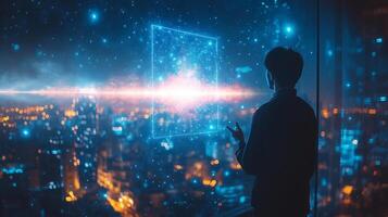 A person stands by a large window overlooking a city skyline at night. They interact with a holographic interface displaying vibrant graphics and sound elements, suggesting advanced technology. photo