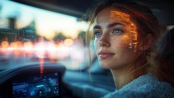 A woman sits in a vehicle, engaging with an advanced voice control system while the sun sets. Digital graphics display sound waves and data, integrating human interaction with technology. photo