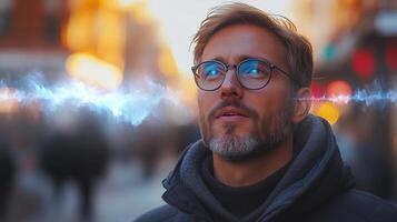 A man stands in a bustling city street, lost in thought as he interacts with voice control features. The warm sunset lights up the background, creating a lively atmosphere with sound waves visible. photo