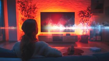 In a modern living room illuminated by warm hues, a woman sits on a couch, focused on a television displaying captivating sound graphics. She interacts with the system using voice control. photo