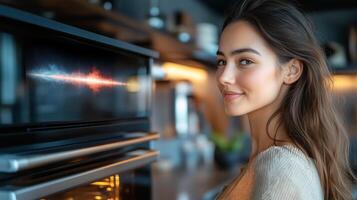 A woman interacts with a voice assistant in a stylish kitchen. She engages with sound and graphics displayed on a device, showcasing technology's role in daily life. photo