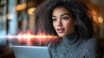 A woman with curly hair interacts with her laptop in a warm cafe. Sound waves visualize her voice as she communicates with a virtual assistant, showcasing modern technology and user interaction. photo