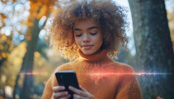 A woman with curly hair uses her smartphone outdoors, enjoying the autumn scenery. She interacts with a voice assistant while surrounded by colorful trees and a serene atmosphere. photo