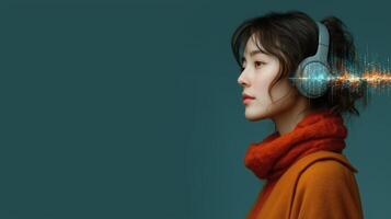 A woman with headphones listens intently, immersed in sound waves that signify communication and connection. The soothing background color enhances the serene atmosphere of the moment. photo